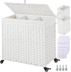Greenstell Laundry Hamper with Wheels&Lid,130L Large 3 Sections Clothes Hamper with 2 Types Removable Liner Bags, 5 Mesh Laundry Bags, Handwoven Divided Laundry Basket White
