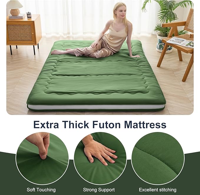 Japanese Floor Mattress, 4" Japanese Futon Mattress, Foldable & Portable Shiki Futon (shikibuton), Roll Up Thicken Sleeping Tatami Mat Sleeping Pad for Camping (Green, 54 x 80)