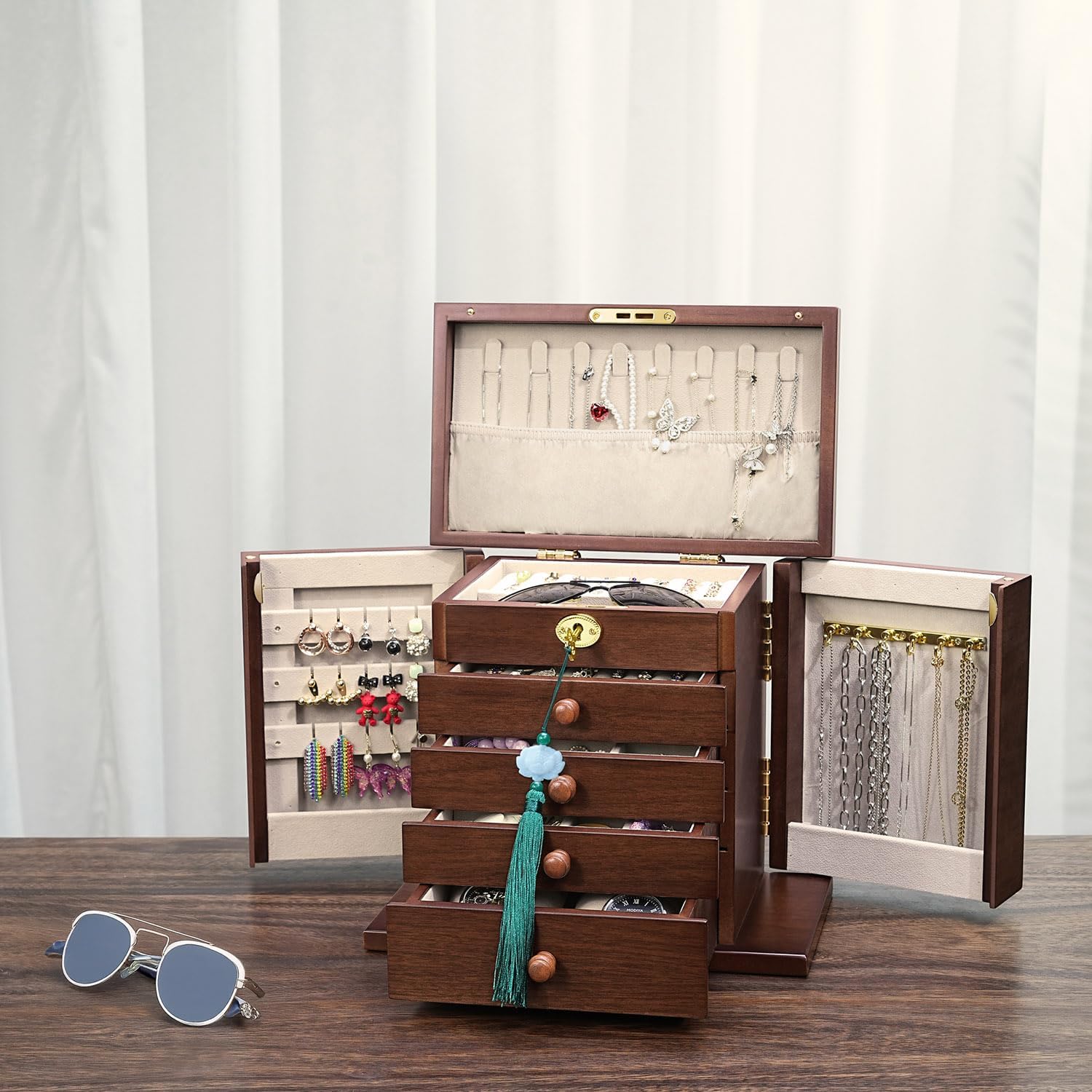 wooden Jewelry Box and Organizer - 8-Layer Lockable Wooden Jewelry Boxes for Women - Large Jewelry Boxes and Organizer with Key,Gift for Wife,dresser top jewelry box with lock