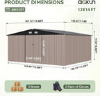 Aoxun 14x12 FT Large Shed Outdoor Storage Shed with 2 Large and Tall Doors, Utility Tool Shed Storage House with Lock, Metal Sheds with Sloped Roof for Patio Garden Lawn, Brown