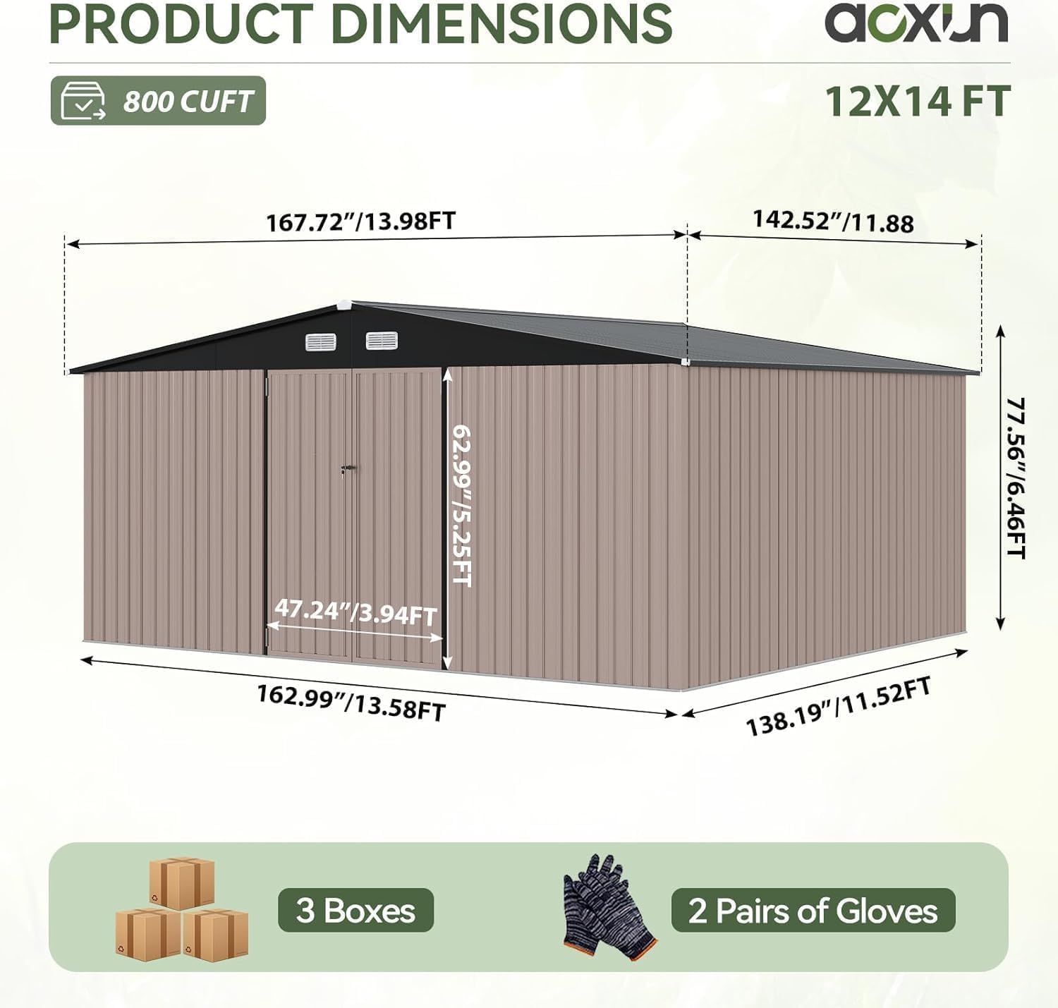 Aoxun 14x12 FT Large Shed Outdoor Storage Shed with 2 Large and Tall Doors, Utility Tool Shed Storage House with Lock, Metal Sheds with Sloped Roof for Patio Garden Lawn, Brown