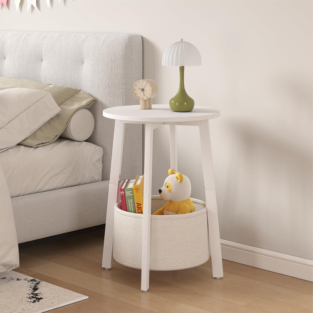 sthmec Small Round Side End Table with Cloth Storage Basket, Round Bedside So...
