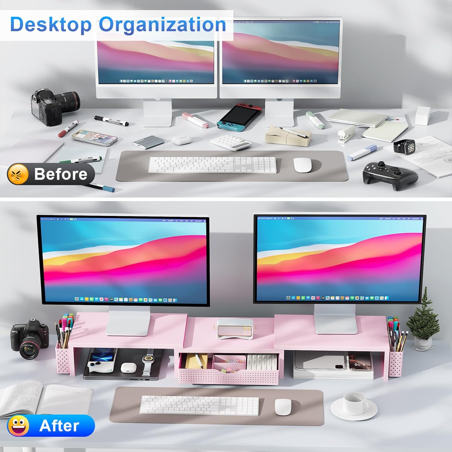 gianotter Dual Monitor Stand Riser, Desk Organizer With Drawer and 2 Pen Holders,Desk Organizers and Accessories, Pink Office Supplies (Pink)