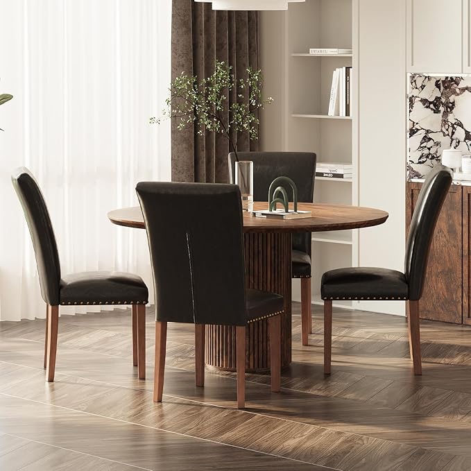 Stylish Dining Chairs Set of 4, Upholstered Parsons Dining Room Chair with Nailhead Trim, Kitchen Room Chair with Thick Cushions and Wood Legs, Nailhead Trim, Black Leather