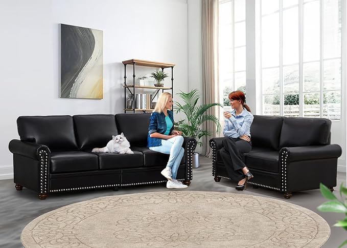 2 Piece Faux Leather Sofa Set,Modern Couch and Loveseat Sets with Storage,Mid Century Couch with Rivet Rolled Arm,Comfy Deep Seat Sofa,Furniture for Living Room,Office(Loveseat+3 Seater,Black)