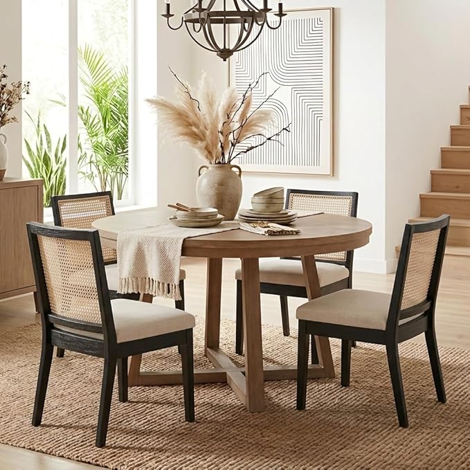 HNY Farmhouse Rattan Dining Chairs Set of 4, Mid Century Modern Kitchen & Dining Room Chairs, Cane Upholstered Kitchen Side Chair with Black Hardwood Frame, Beige