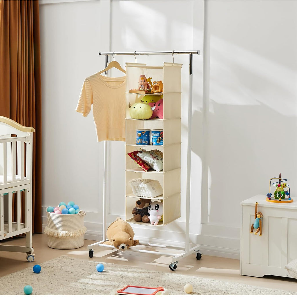 MAX Houser 6 Tier Shelf Hanging Closet Organizer, Cloth Hanging Shelf with 2 Sturdy Hooks for Storage, Foldable (Beige)