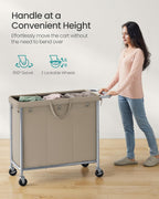 SONGMICS Laundry Basket with Wheels, 3-Section Rolling Laundry Hamper, 52.8 Gallons (200 L), Removable Liner, Steel Frame with Handle, 35.8 x 15.4 x 31.9 Inches, Camel Brown URLS005N01