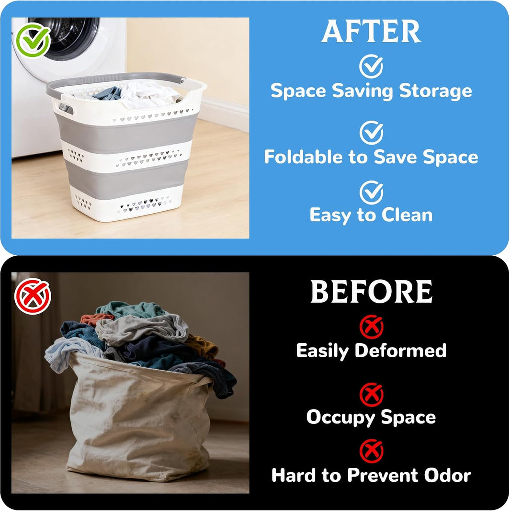 2 Pcs Collapsible Laundry Baskets for Dirty Clothes, 43L Plastic Laundry Hamper for Dorm Bedroom, Space Saving Pop-Up Laundry Hamper Container, Durable Foldable Laundry Basket with Handles (Grey)