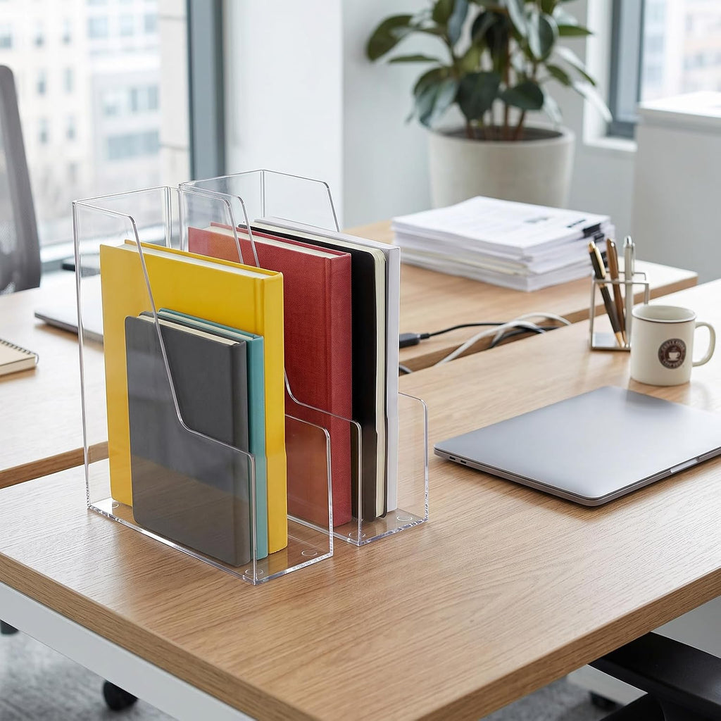 2 PCS Vertical File Holder, Clear Acrylic Desk Organizer for Office, Acrylic Magazine File Holder Rack, Plastic Document Storage Bins for Magazines, Binders, Notebooks & Envelopes, Space Saving for Ho