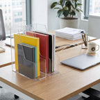 2 PCS Vertical File Holder, Clear Acrylic Desk Organizer for Office, Acrylic Magazine File Holder Rack, Plastic Document Storage Bins for Magazines, Binders, Notebooks & Envelopes, Space Saving for Ho