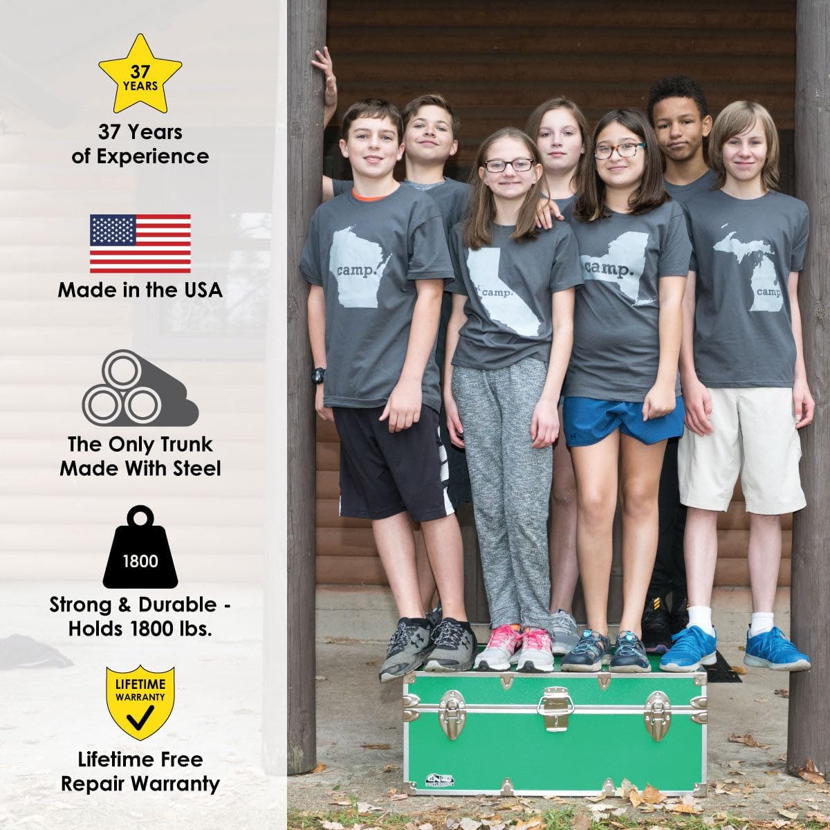C&N Footlockers - Full-Size Happy Camper Trunk - #1 Summer Camp Trunk - Made in the USA - Steel Footlocker with Lid Stay - 32 x 18 x 13.5 Inches (Gray)