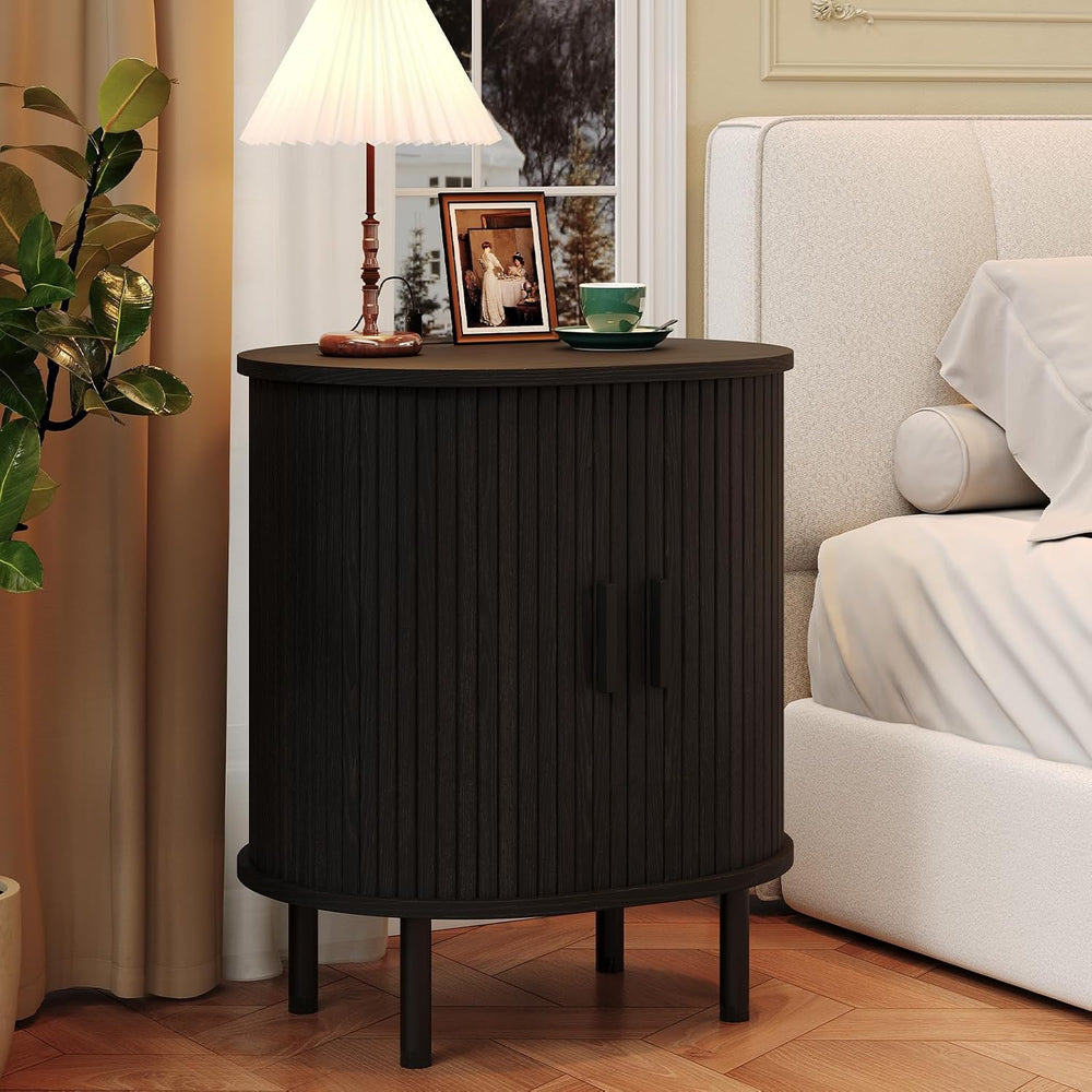 Oval End Table with Charging Station & Sliding Door, Mid-Century Modern S...