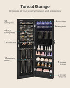 SONGMICS Hanging Jewelry Cabinet, Wall-Mounted Cabinet with LED Interior Lights, Door-Mounted Jewelry Organizer, Full-Length Mirror, Christmas Gift Idea, Ink Black UJJC099B01