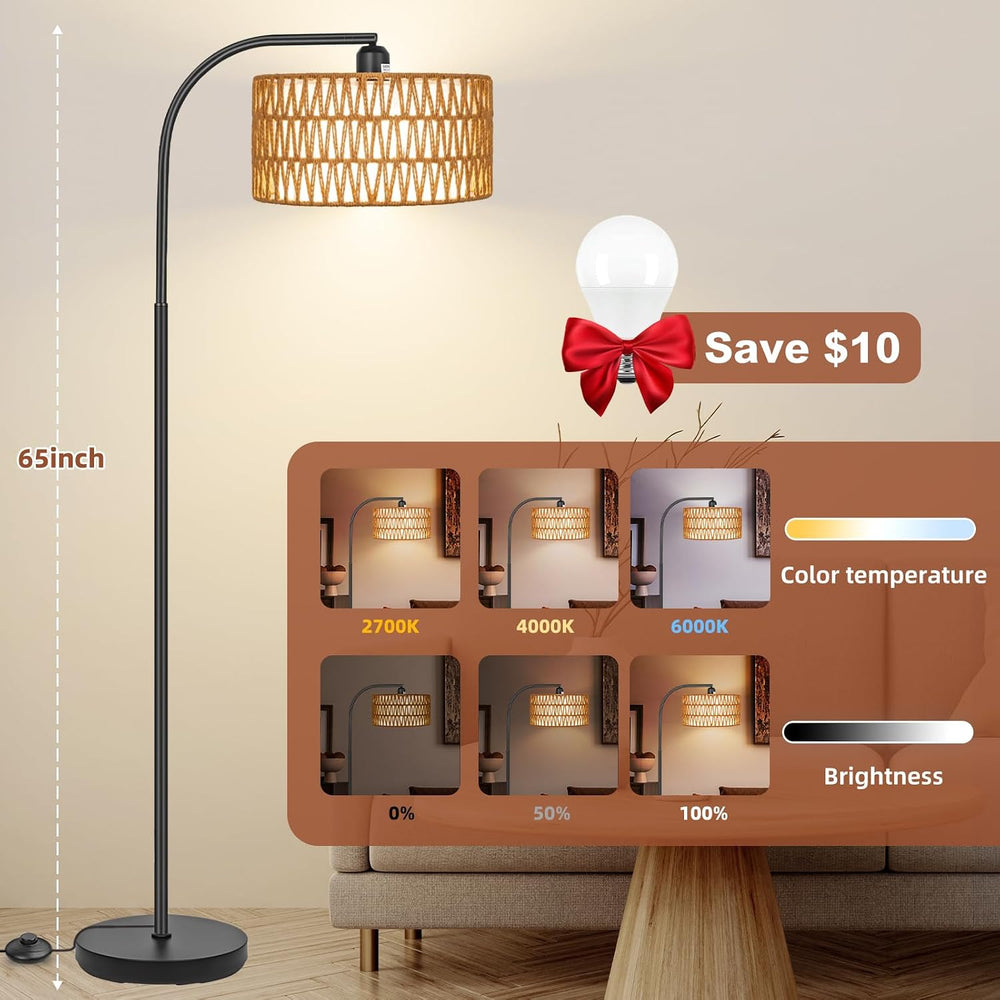 Rattan Floor Lamps for Living Room with Dimmable 9W LED Bulb Farmhouse