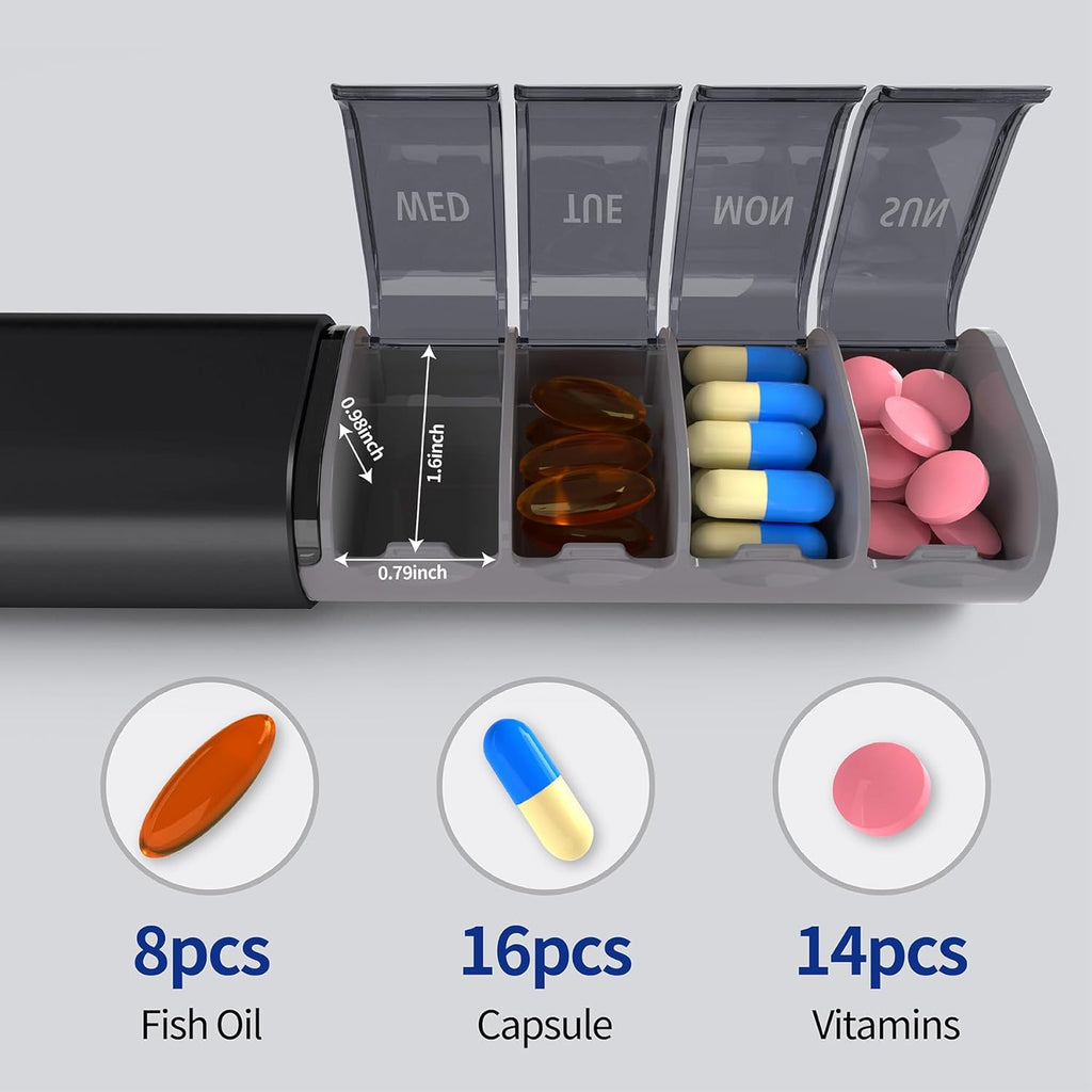 Weekly Pill Organizer, 7-Day Aluminum Case with Pop-up Design,Arthritis Friendly, Large Capacity for Vitamins Supplements and Medication, BPA Free (Black)