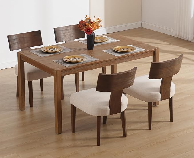 chairus Farmhouse Dining Chairs Set of 4, Upholstered Accent Chairs with Dark Brown T-Shape Wood Back Armless Kitchen Chairs with Soft Pad, Linen Beige