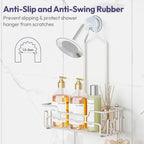 SWTYMIKI Bathroom Shower Caddy Hanging - Extended Length 2 Tier Rustproof Over Shower Head Organizer, No Drilling Bathroom Shelf with 14 Hooks & Soap Holder, Anti-Swing Rack, Sand Nickel
