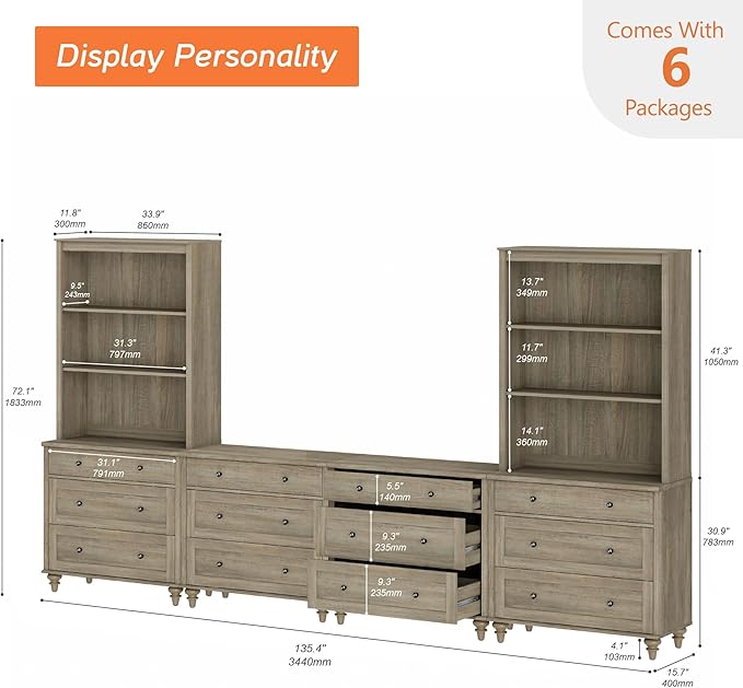 WAMPAT Entertainment Center with Bookshelves for TVs up to 75", Farmhous...