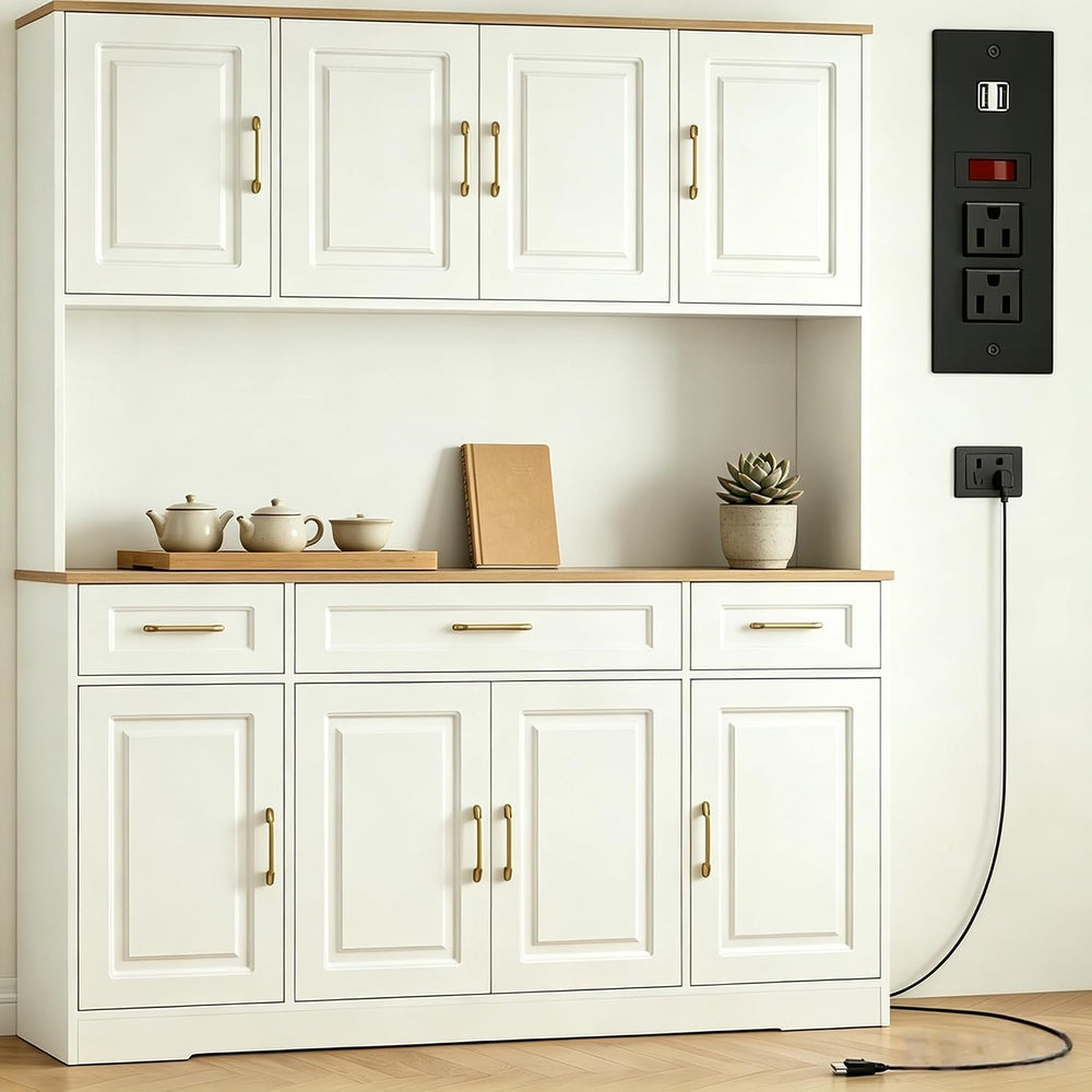 71" Tall Farmhouse Kitchen Pantry Cabinet, 55" Wide Storage Hutch w...