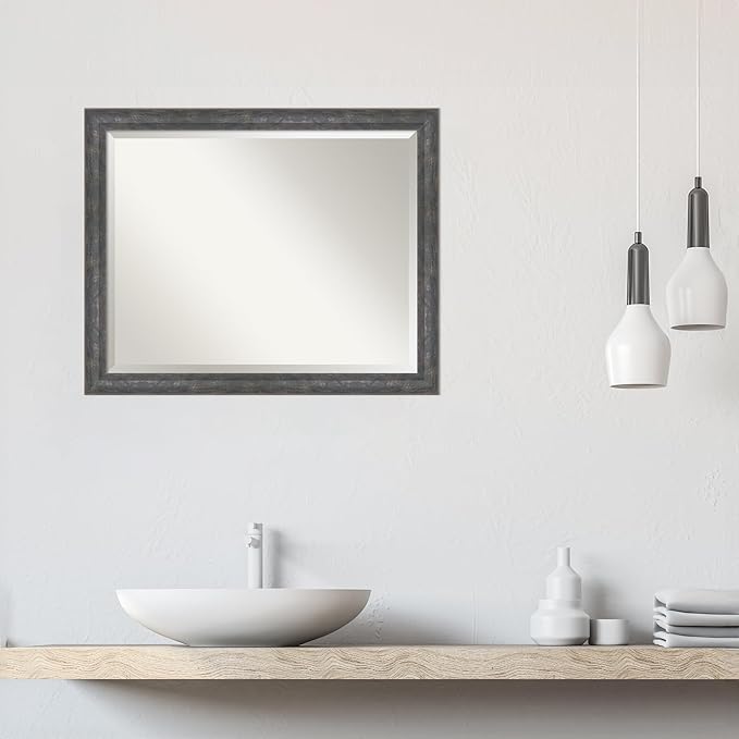Amanti Art Grey Wall Mirror 25x31 Angled Metallic Rainbow Rectangle Bathroom Mirror for Wall Decor Living Room, Large Modern Contemporary Wood Frame, Hangs Horizonally and Vertically, Bathroom Decor