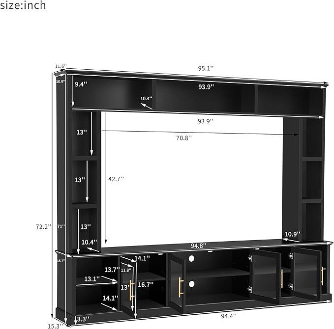 Merax 95" Entertainment Center for TVs up to 80", All-in-One TV Stand with Bookshelves & Storage Cabinets & Tempered Glass Doors & Adjustable Shelves, Modern Living Room Wall Unit Media Console, Black