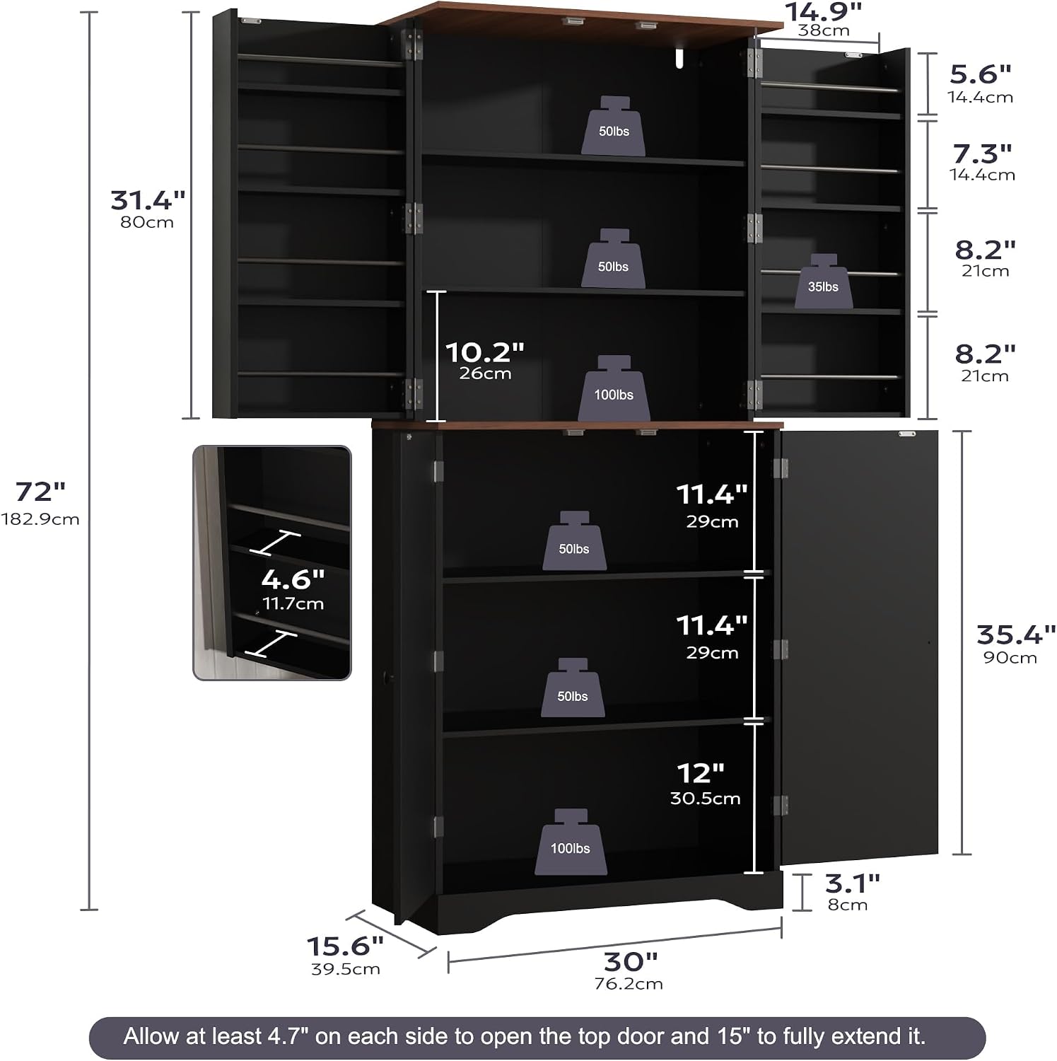 Furnify 72" Tall Kitchen Pantry Cabinet with Door Organizer, Black | Farmhouse Rustic Tall Buffet Cabinet with Adjustable Shelves, Freestanding Storage Cupboard for Kitchen Dining Room Bathroom