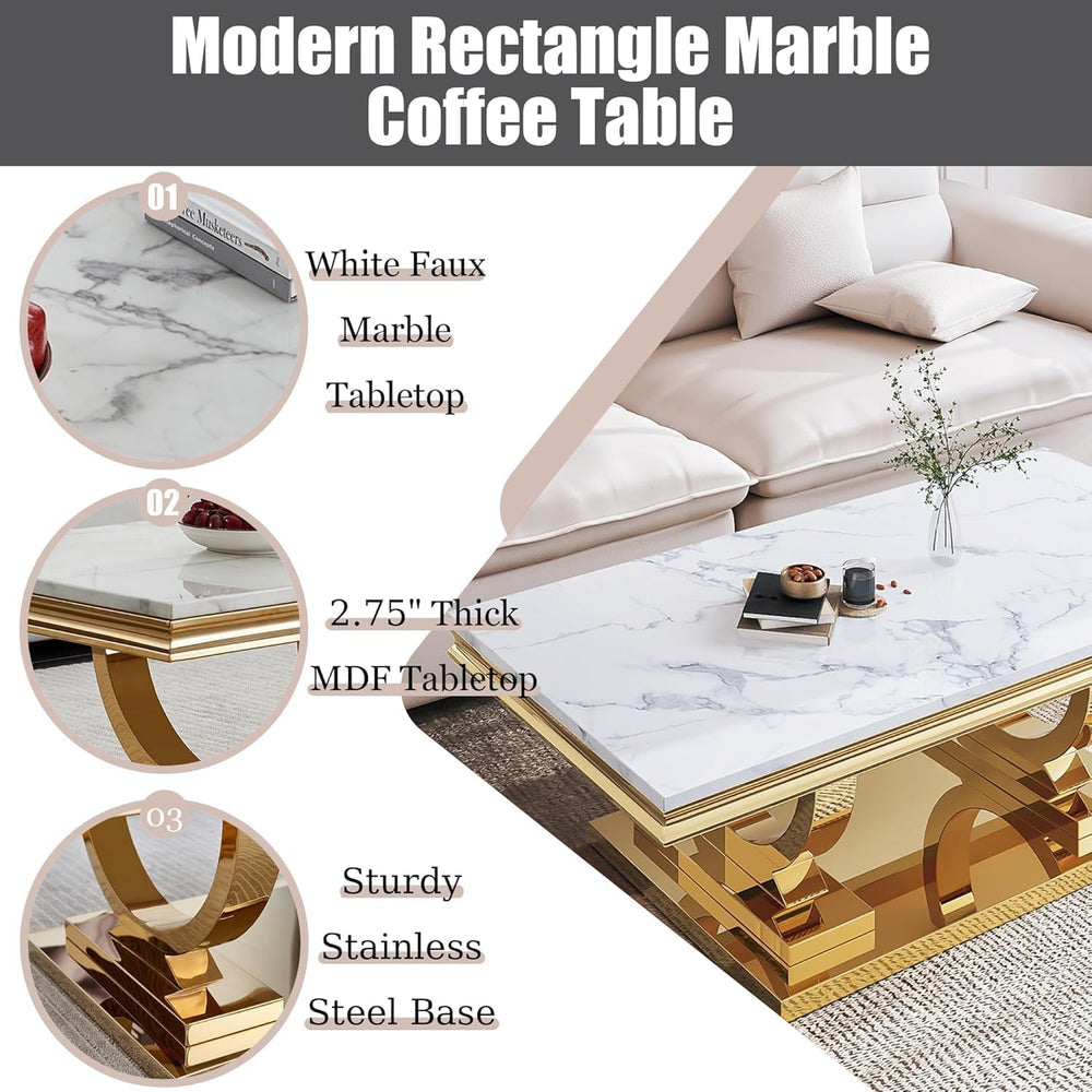 Marble Coffee Table Set of 3, Includes 1 Coffee Table with 2 Square End Side ...