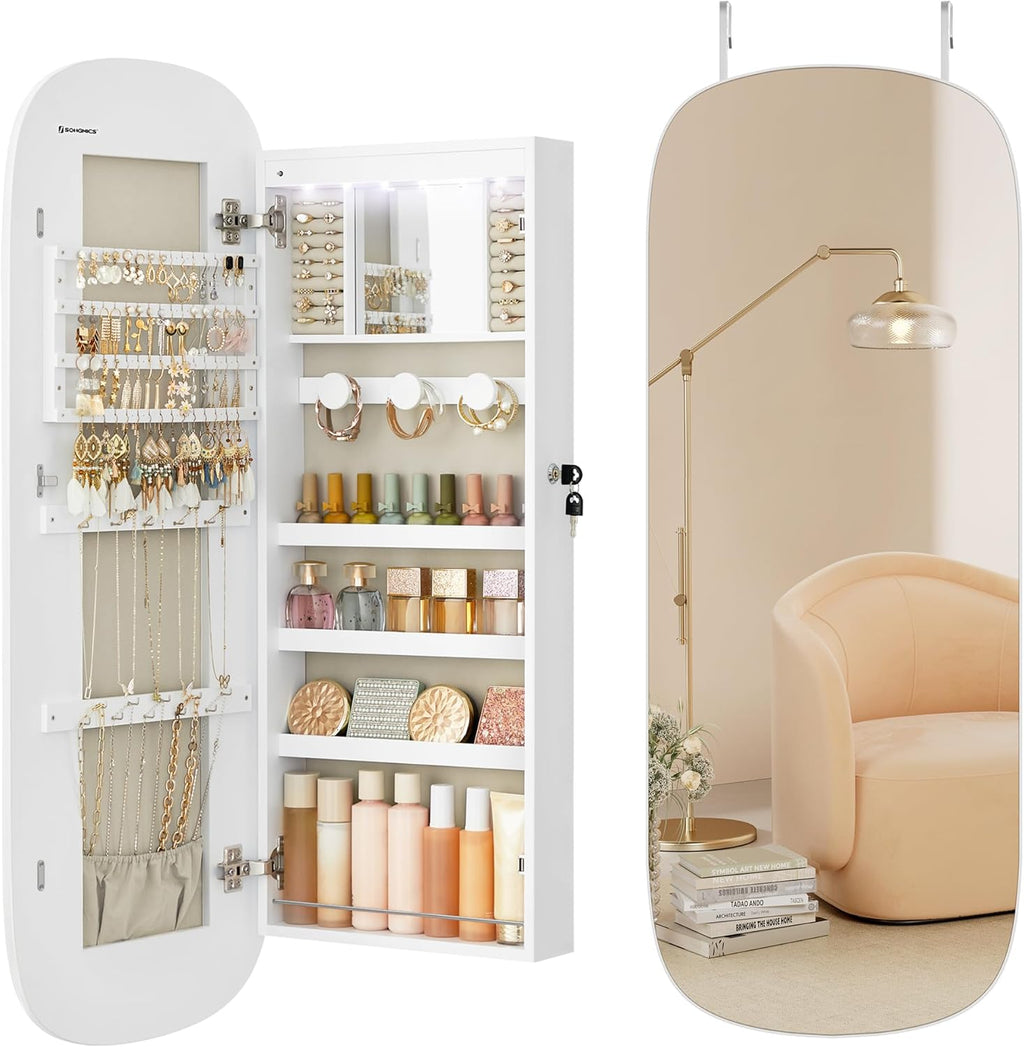 SONGMICS Jewelry Organizer, LED Jewelry Cabinet Wall/Door Mounted, Lockable Rounded Wide Mirror with Storage, Interior Mirror, 3.9 x 16.5 x 42.5 Inches, White Surface with Greige Lining