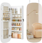 SONGMICS Jewelry Organizer, LED Jewelry Cabinet Wall/Door Mounted, Lockable Rounded Wide Mirror with Storage, Interior Mirror, 3.9 x 16.5 x 42.5 Inches, White Surface with Greige Lining