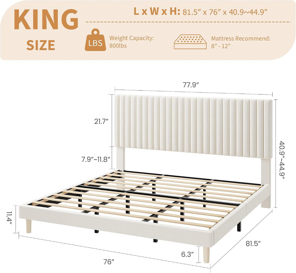 GAOMON King Size Bed Frame, Velvet Upholstered Platform Bed, Beige