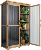 Outdoor Storage Cabinet with Shelves, Wood & Metal Storage Shed with Weatherproof Roof, 3 Removable Shelves, Lockable Doors, Adjustable Feet, Outside Storage Cabinet for Garage, Patio, Backyard
