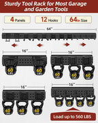 64-Inch Garage Storage Tool Organizer Wall Mount, Heavy Duty Garage Organization Metal Rack with 12 Hooks, Garden Tool Hanger Holder for Broom, Shovels, Ladders, Lawn Tools