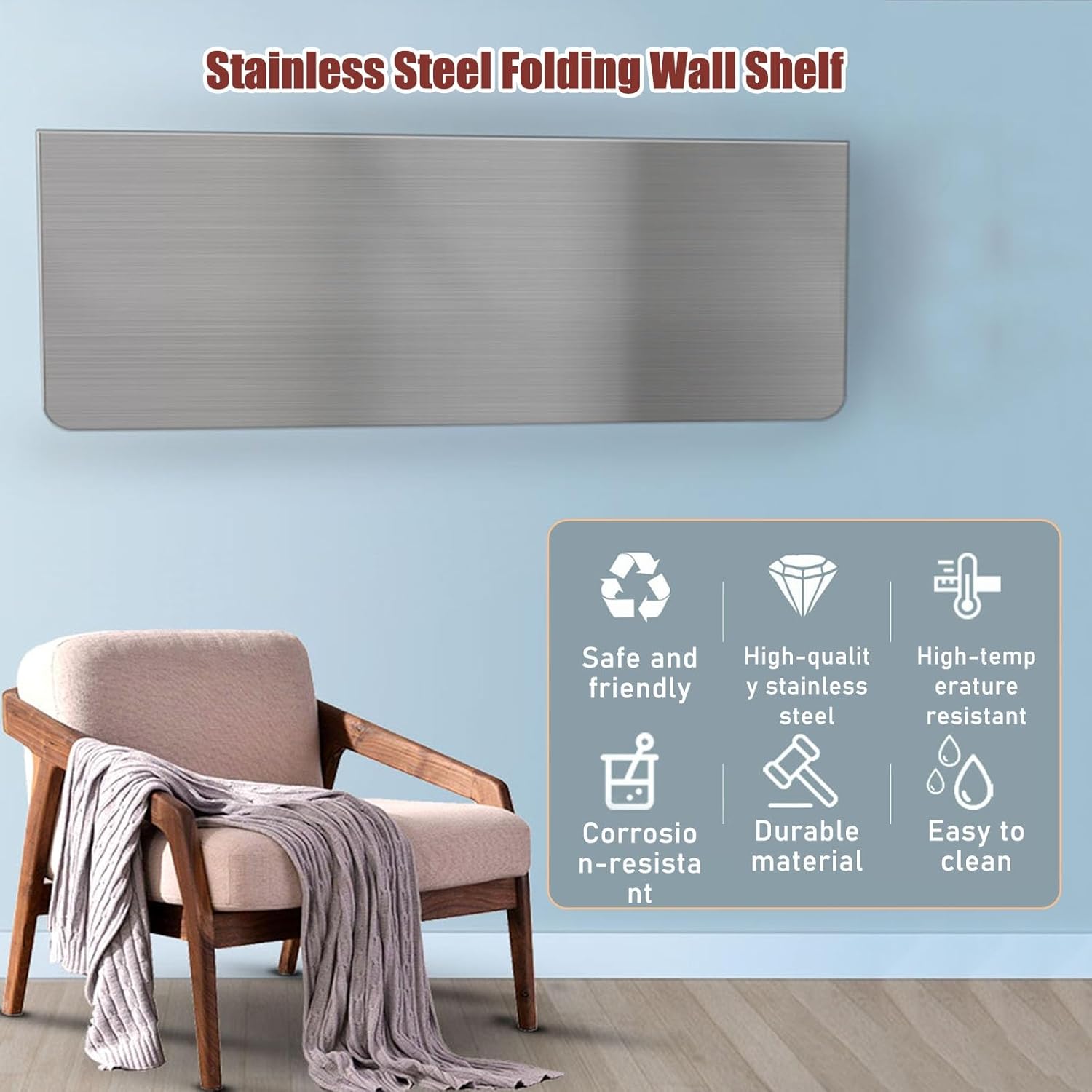 304 Stainless Steel Folding Wall Shelf Wall Mount Kitchen Storage Shelves Rounded Corners Food-Grade Folding Table Thickened Bracket for Laundry Room Garage Restaurant.(70x30cm/27.6x11.8in)
