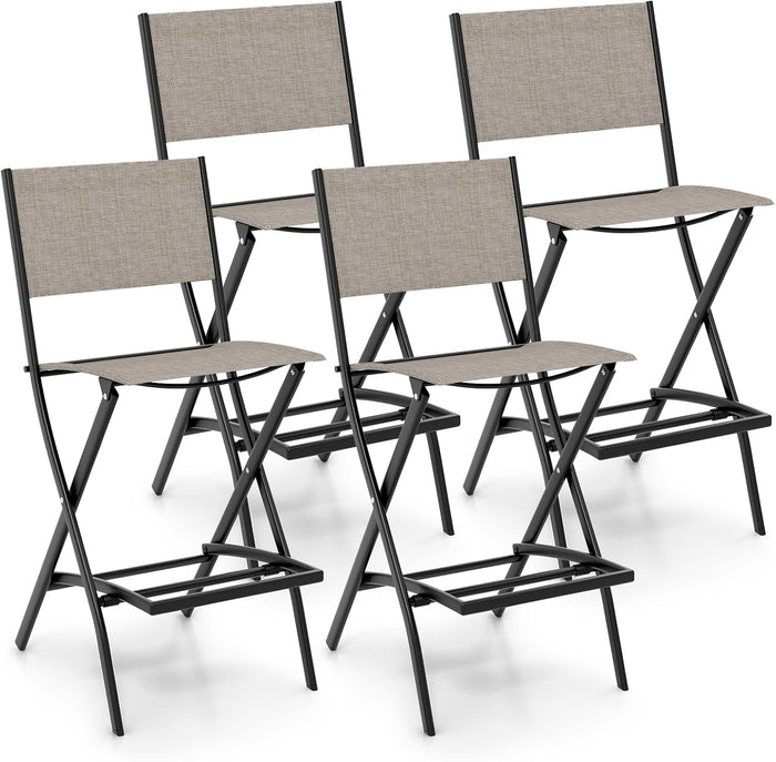 GIANTEX Folding Patio Bar Chairs Set of 4, Outdoor Counter Height Bar Stools with Footrest & Back, All-Weather Resistant, Metal Frame, for Porch Deck Lawn Garden, Light Brown