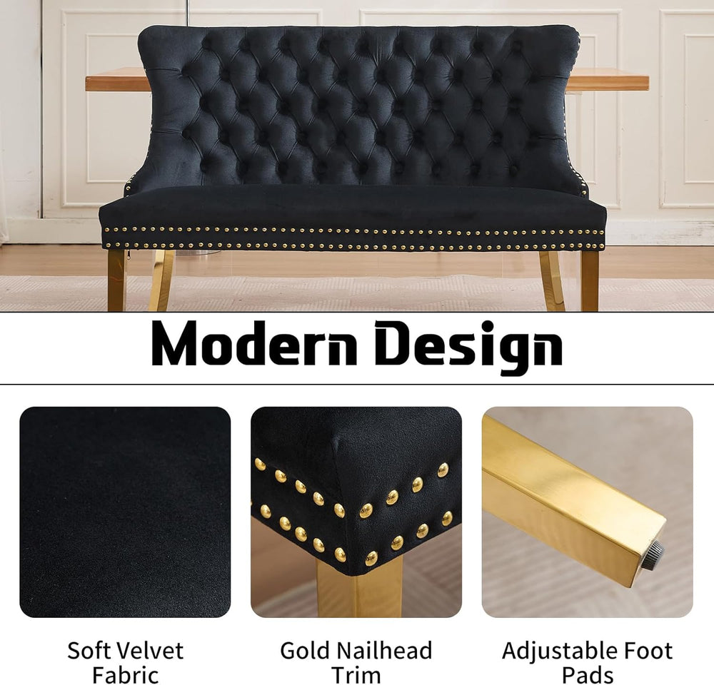 Black Velvet Dining Bench with Back, Tufted Banquette Seating, Gold Legs | Up...
