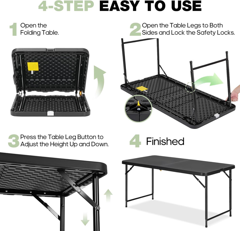 4ft Folding Table with Adjustable Height, 3-Level Foldable Table with HDPE To...
