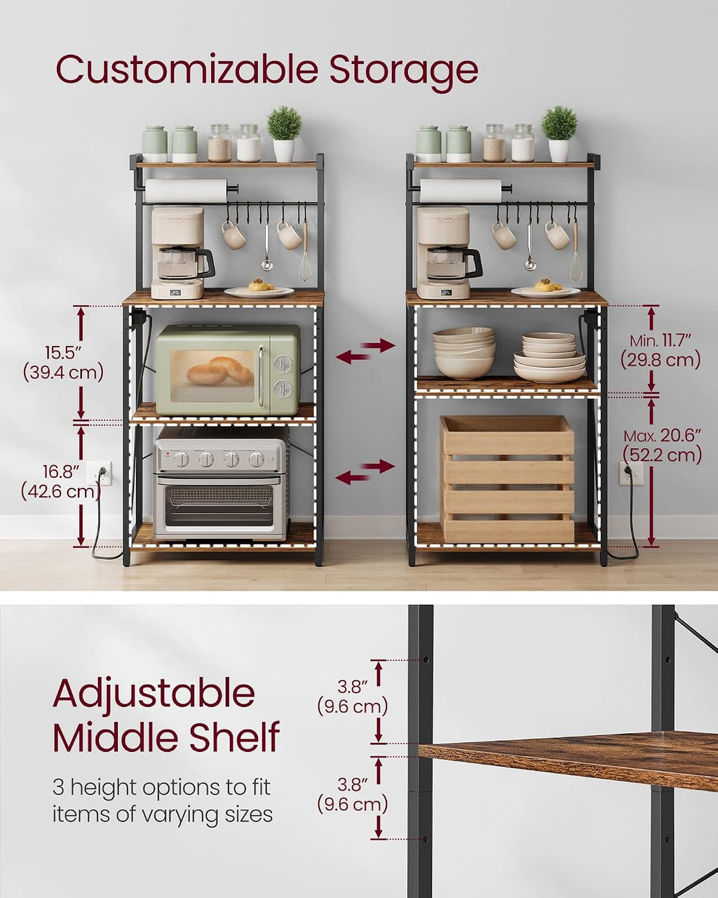VASAGLE BARNET Collection - Kitchen Bakers Rack with Power Outlet, 23.6-Inch Wide Coffee Bar 4-Tier with 8 S Hooks, Modern Microwave Stand, Adjustable Shelf, Rustic Brown and Ink Black UKKS014K01V1