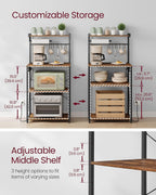 VASAGLE BARNET Collection - Kitchen Bakers Rack with Power Outlet, 23.6-Inch Wide Coffee Bar 4-Tier with 8 S Hooks, Modern Microwave Stand, Adjustable Shelf, Rustic Brown and Ink Black UKKS014K01V1