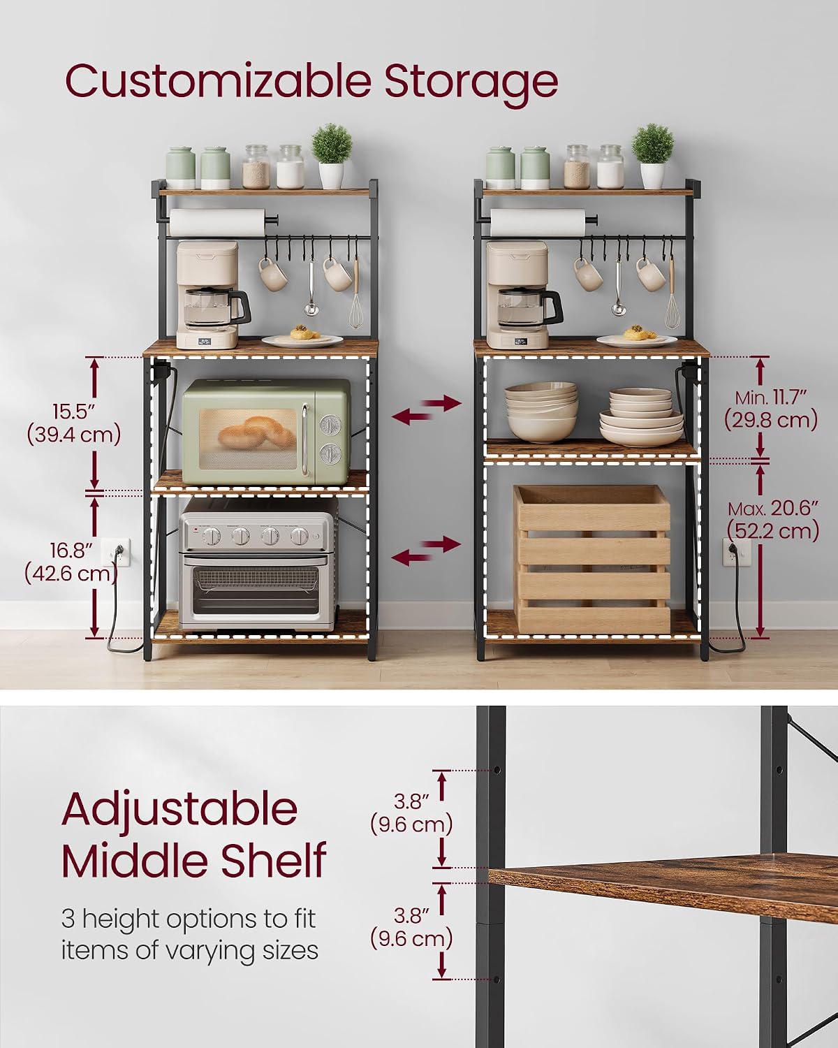 VASAGLE BARNET Collection - Kitchen Bakers Rack with Power Outlet, 23.6-Inch Wide Coffee Bar 4-Tier with 8 S Hooks, Modern Microwave Stand, Adjustable Shelf, Rustic Brown and Ink Black UKKS014K01V1
