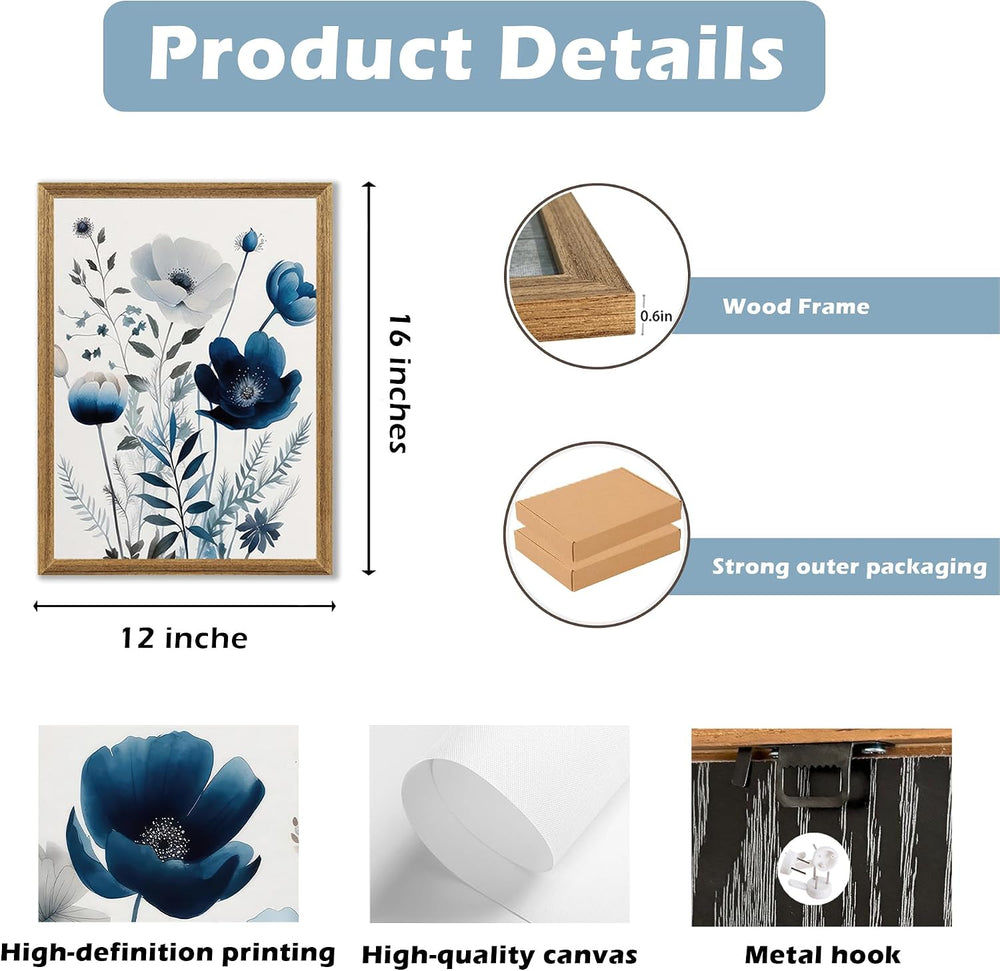 DUWQU Triptych Navy Blue Watercolor Botanical Floral Wall Art 12x16 in x3