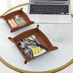 2 Pack (Size:9.84"&7.87") PU Leather Jewelry Valet Tray,Portable Entryway Table Nightstand Desk Tray Catchall Travel Plate Organizer for Phone, Keys, Wallet, Watch,Coin (Brown)