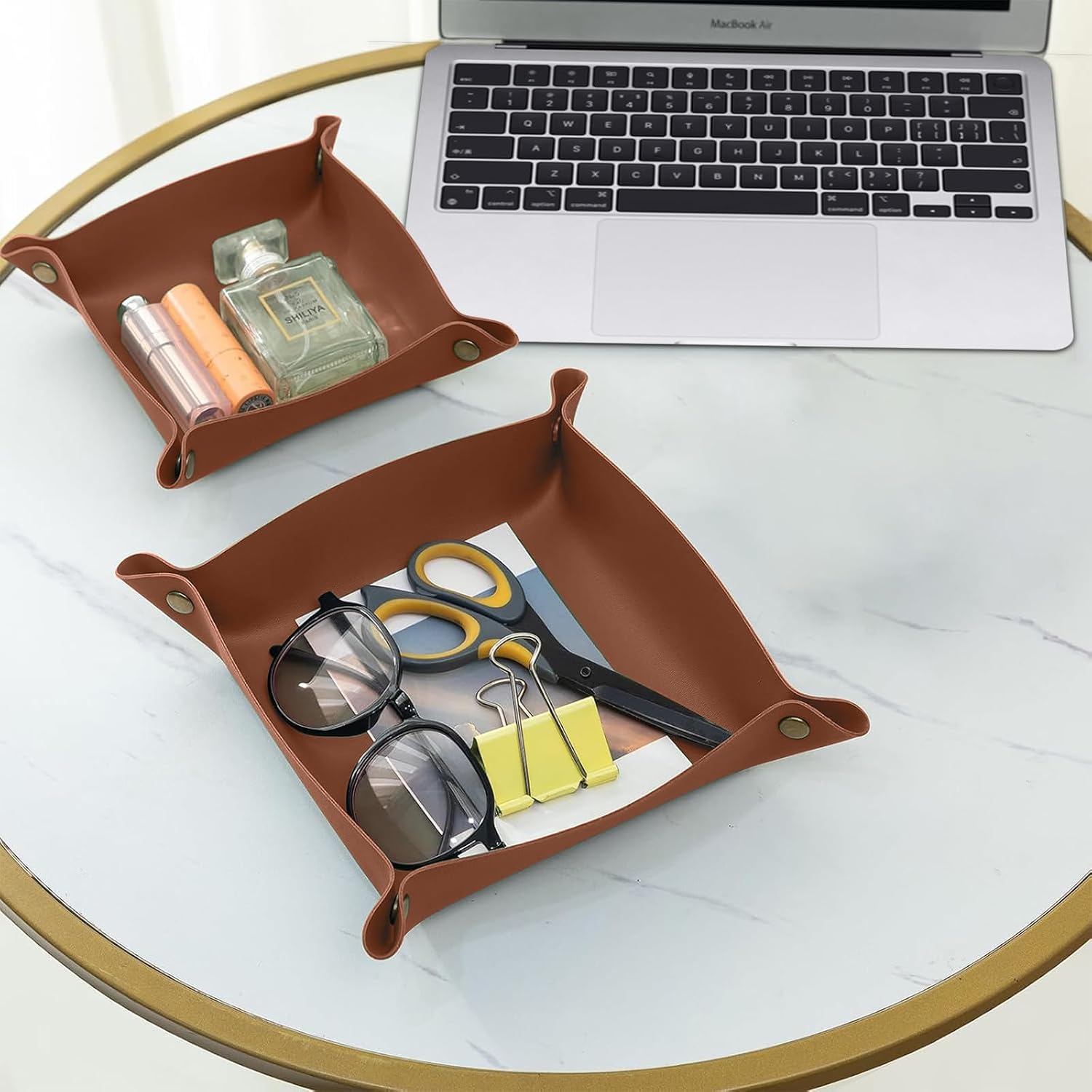 2 Pack (Size:9.84"&7.87") PU Leather Jewelry Valet Tray,Portable Entryway Table Nightstand Desk Tray Catchall Travel Plate Organizer for Phone, Keys, Wallet, Watch,Coin (Brown)
