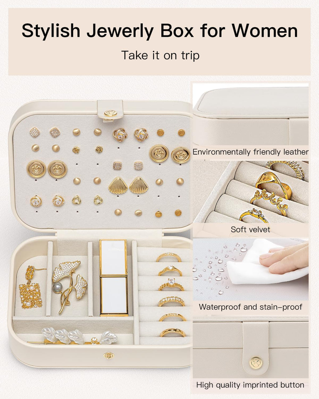 VLANDO Travel Jewelry Case for Women Girls, Gifts for Mother, PU Leather Small Jewelry Box for Rings, Necklaces, Bracelets, Earring Holder Organizer Storage for Travel Essentials - Beige