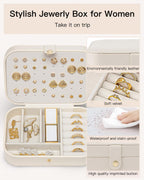VLANDO Travel Jewelry Case for Women Girls, Gifts for Mother, PU Leather Small Jewelry Box for Rings, Necklaces, Bracelets, Earring Holder Organizer Storage for Travel Essentials - Beige