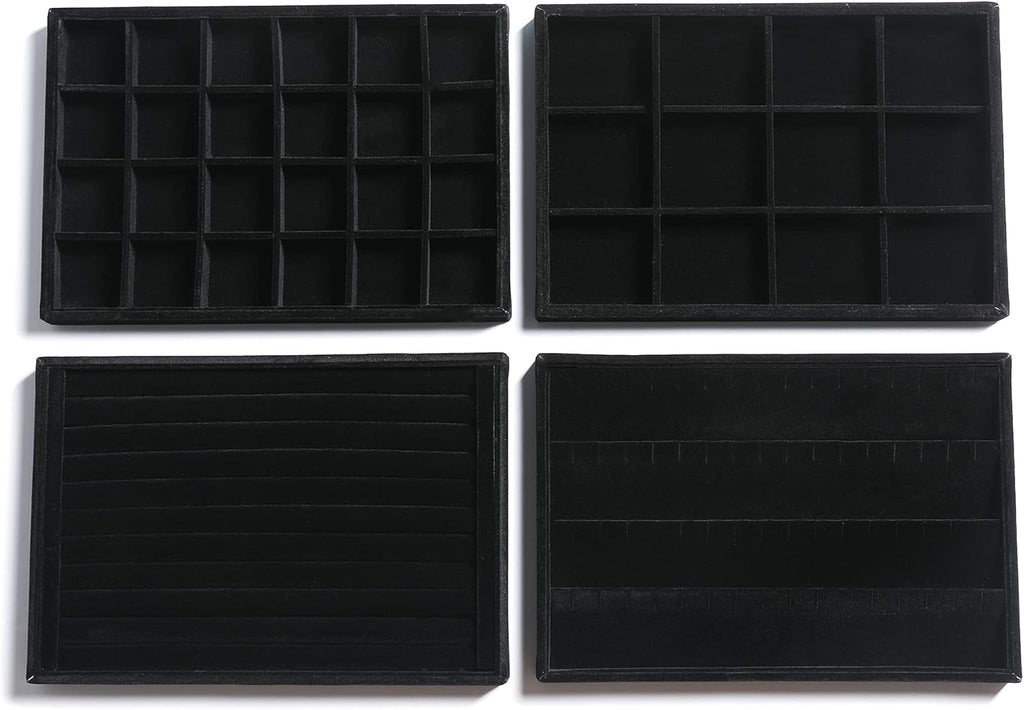 Frebeauty Stackable Velvet Jewelry Organizer Trays for Drawers Inserts Jewelry Storage Tray Display Case Stud Earrings Bracelets Necklace Rings Accessories Trays for Women Girl(Set of 4)(Black).
