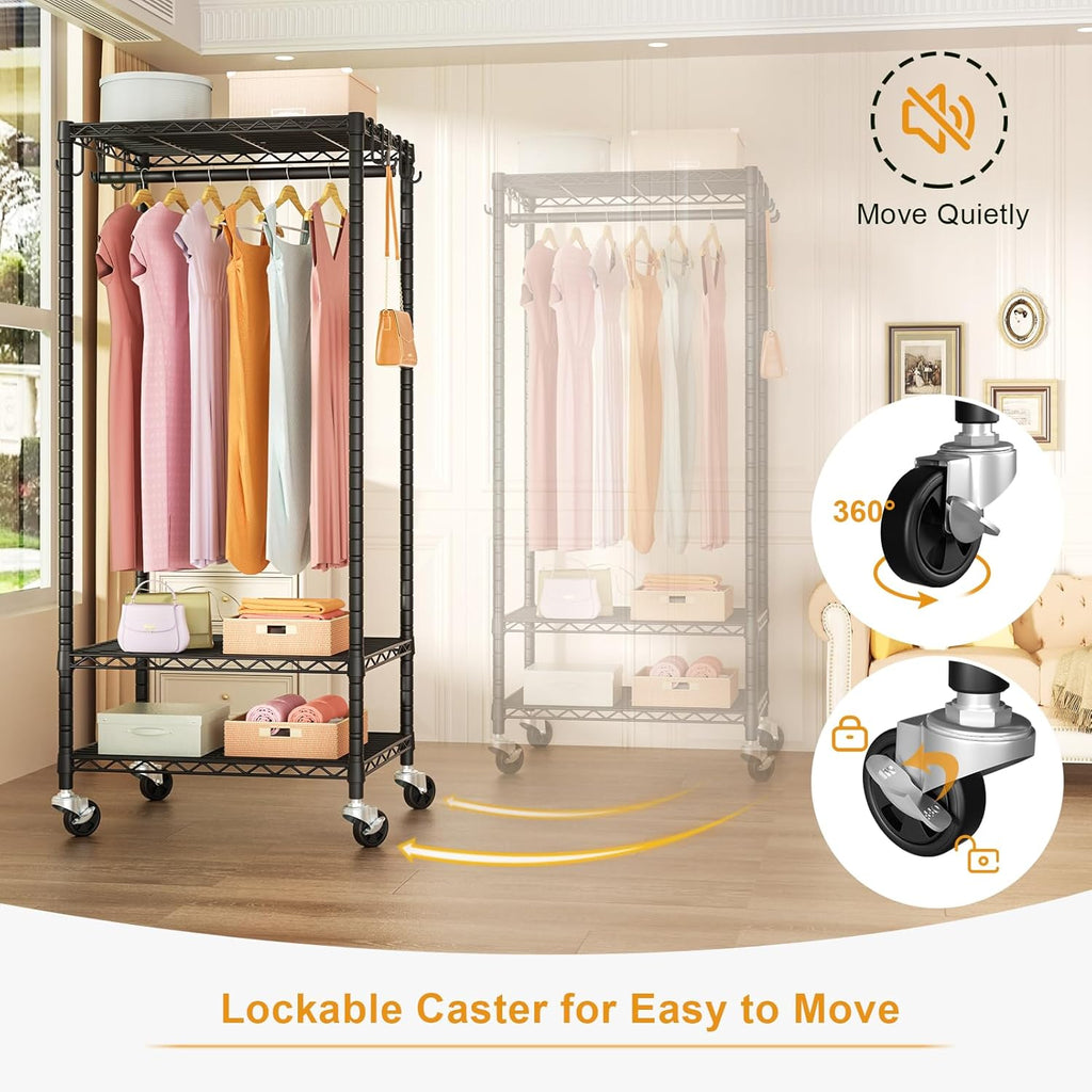FUTASSI P6 Mini Rolling Clothes Rack Heavy Duty, Clothing Racks for Hanging Clothes, Freestanding Garment Rack with Wheels, Portable Closet Rack Max Load 360LBS, 23.6''W x 14''D x 74.6''H, Black