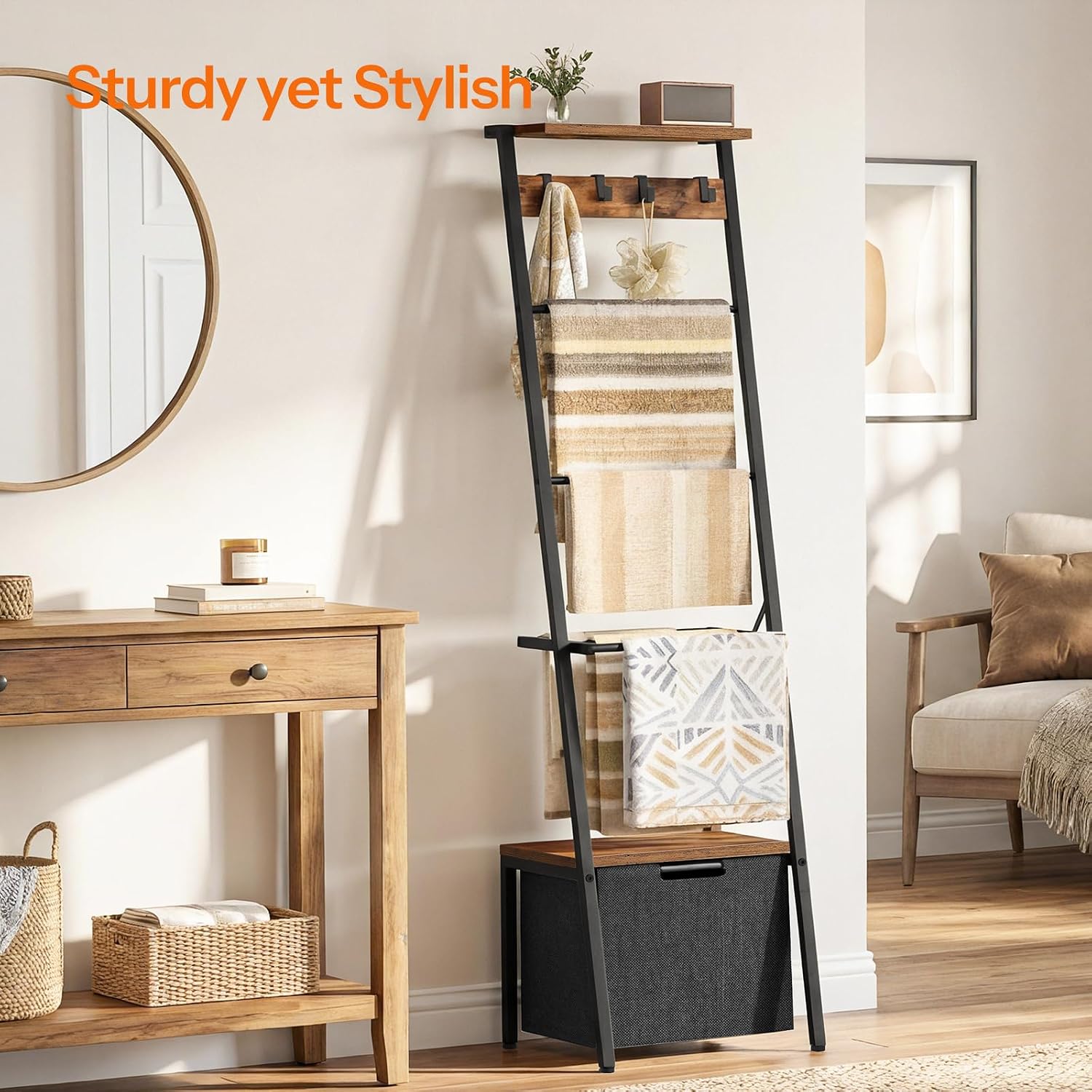 HOOBRO Blanket Ladder Bundle, 63.4" H Decorative Ladder Shelf with Hooks, Towel Rack with 1 Fabric Drawer, BF13CJ01-BF92CJ01