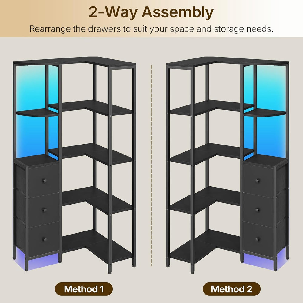 YATINEY Corner Bookshelf, 5-Tier L-Shaped Bookcase with 3 Fabric Drawers, Sto...