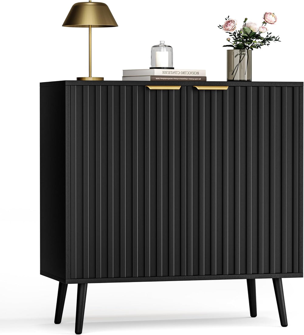 Black Fluted Buffet Cabinet, Free Standing Sideboard with Storage, Wood Accen...